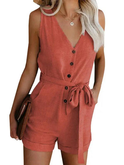 Coral V-neck sleeveless button-up jumpsuit