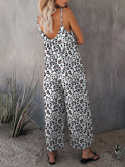 Lässiger ärmelloser Jumpsuit mit Leopardenmuster und Tasche für Damen 