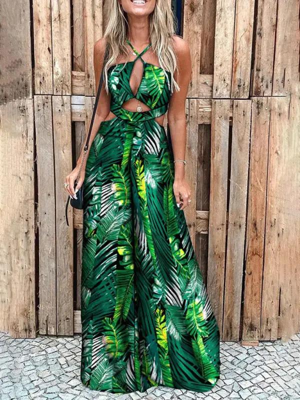 Green leaf print sling jumpsuit with cutout design