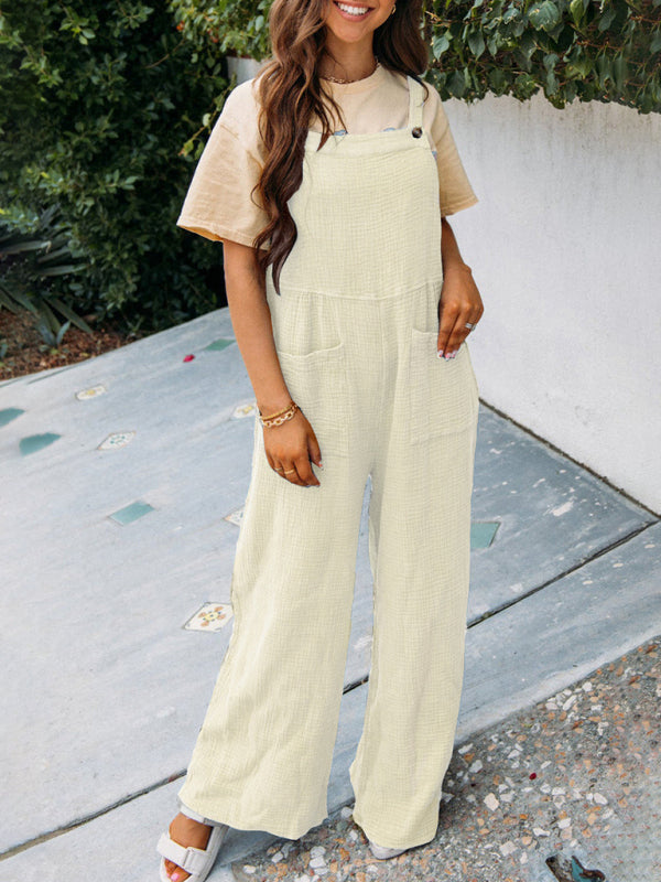 Casual beige pocket square collar loose suspenders jumpsuit