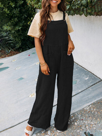 Casual black pocket square collar loose suspenders jumpsuit