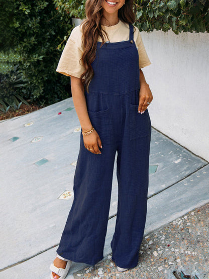 Casual navy pocket square collar loose suspenders jumpsuit