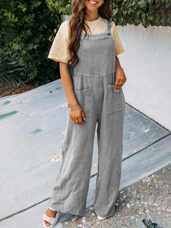 Casual light gray pocket square collar loose suspenders jumpsuit