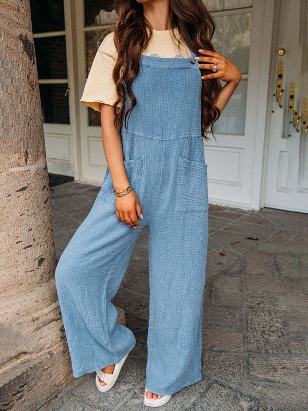 Casual blue pocket square collar loose suspenders jumpsuit