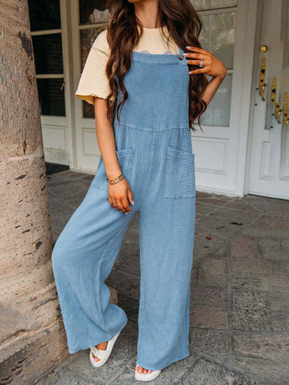 Casual blue pocket square collar loose suspenders jumpsuit