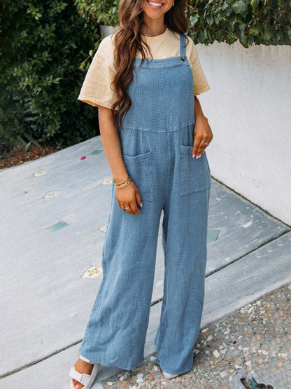 Casual light blue pocket square collar loose suspenders jumpsuit