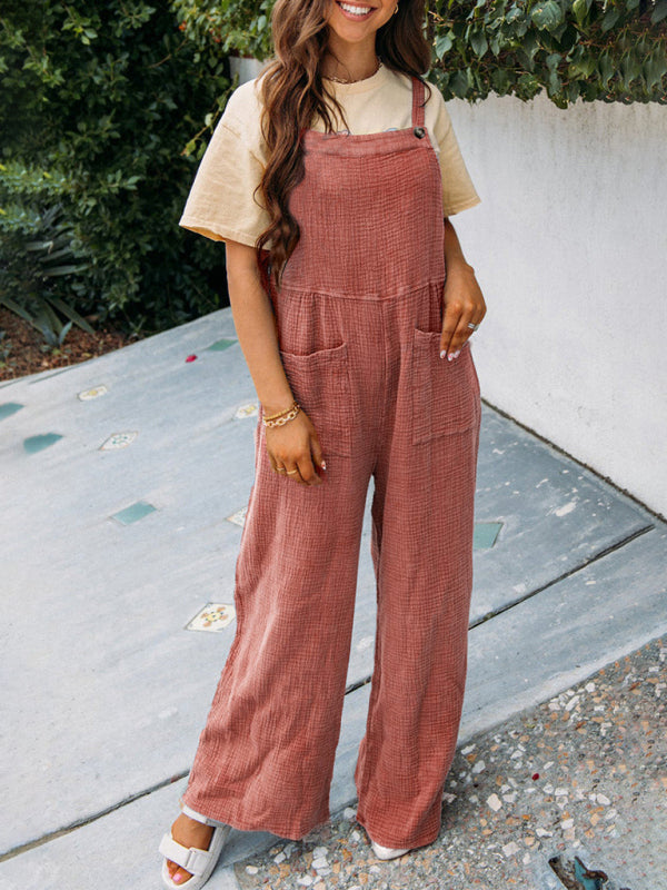 Casual rust pocket square collar loose suspenders jumpsuit