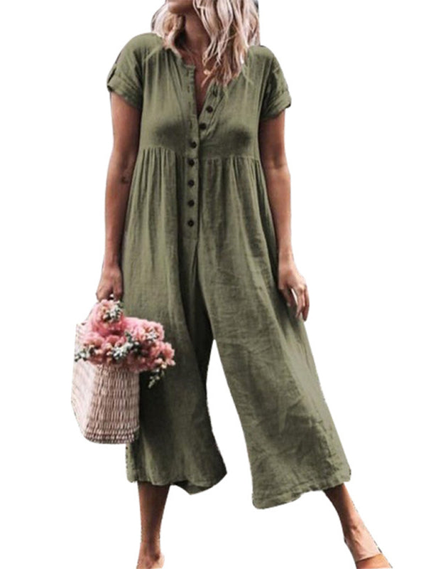 Olive green wide-leg jumpsuit, casual and comfortable.