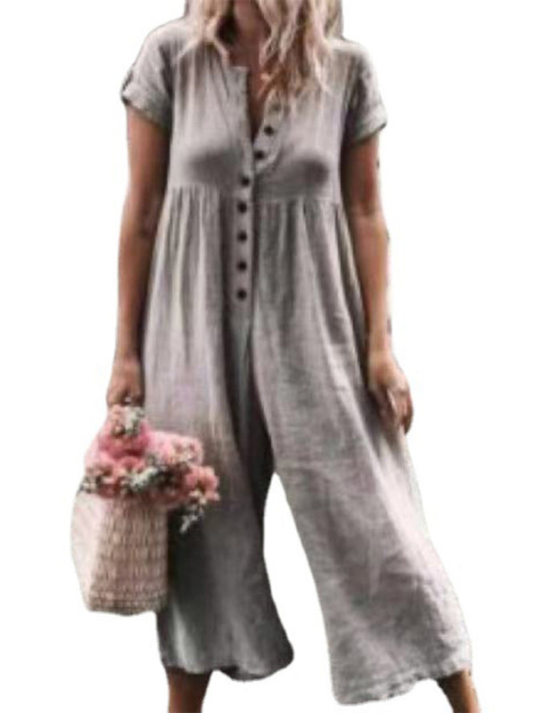 Gray wide-leg jumpsuit, casual and comfortable.