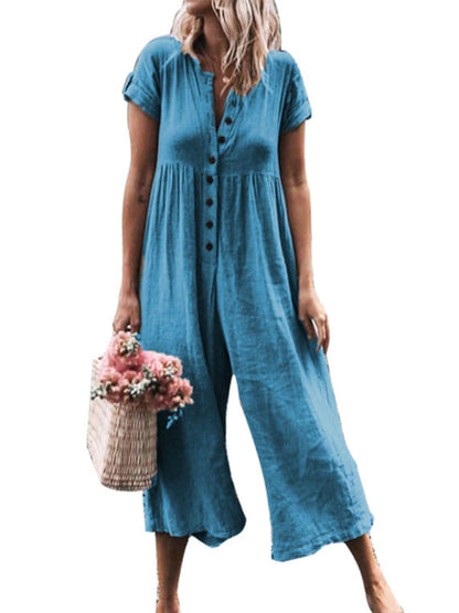 Teal wide-leg jumpsuit, casual and comfortable.