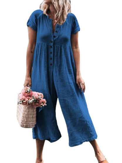 Blue wide-leg jumpsuit, casual and comfortable.