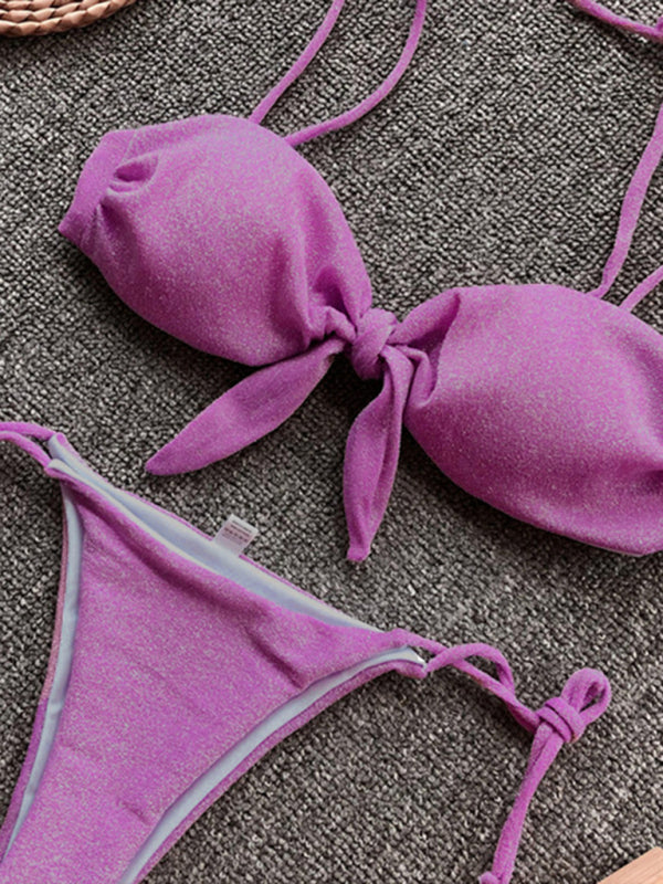 Sexy Dreipunkt-Bikini für Damen in Lila mit Riemchen und Push-up 