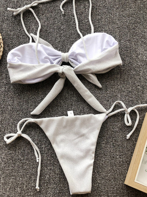 Sexy Dreipunkt-Bikini für Damen in Lila mit Riemchen und Push-up 
