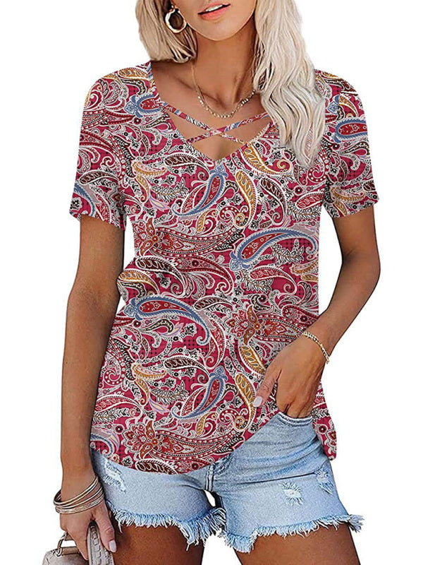 T-shirt tricoté à manches courtes et col en v pour femme, style ethnique décontracté 