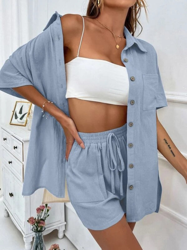 Loose-fit short-sleeve single-breasted shorts Two-piece solid-color shirt set