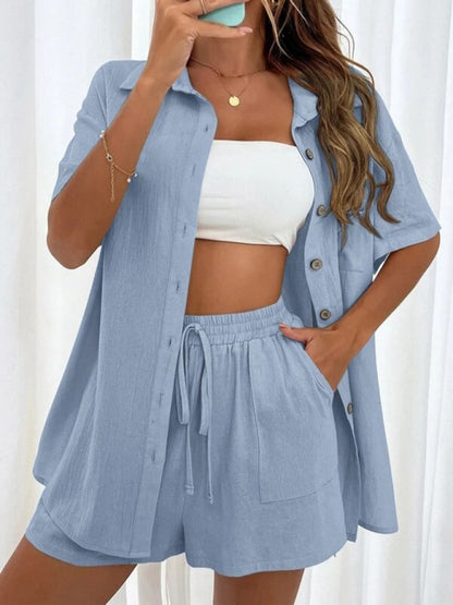 Loose-fit short-sleeve single-breasted shorts Two-piece solid-color shirt set