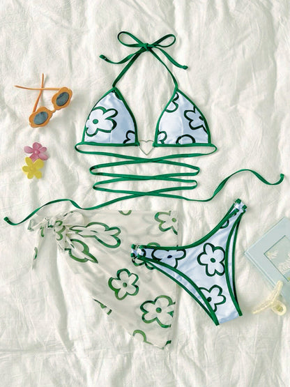 Niedlicher Crossover-Bikini mit Blumenmuster und Strandkleid im Dreierpack 