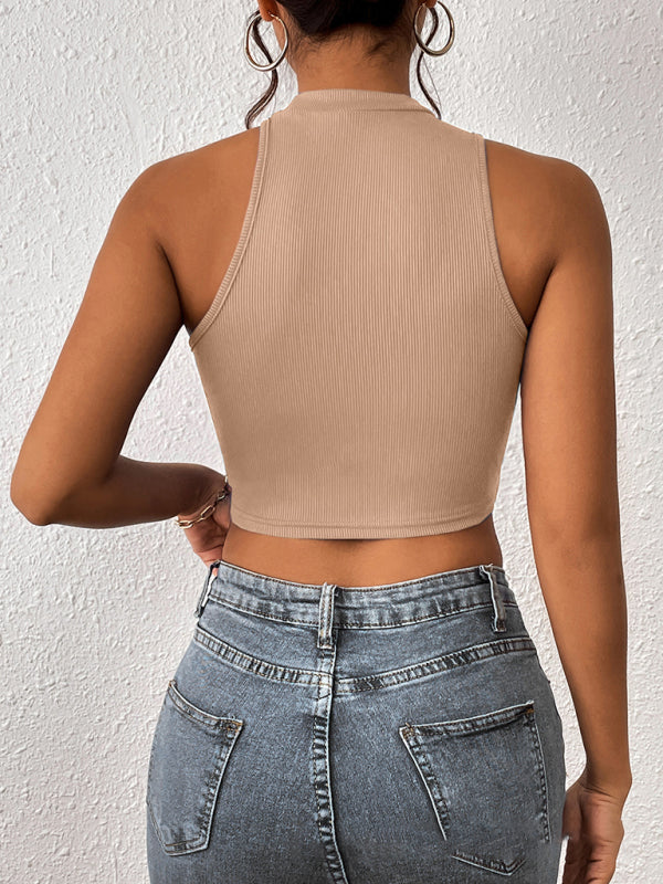 Gestricktes asymmetrisches Crop-Tanktop mit Rundhalsausschnitt für Damen 