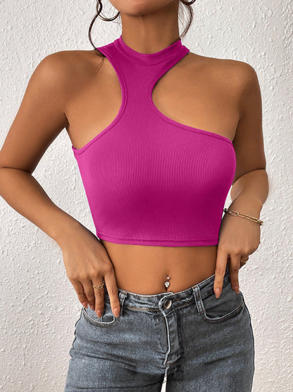 Gestricktes asymmetrisches Crop-Tanktop mit Rundhalsausschnitt für Damen 