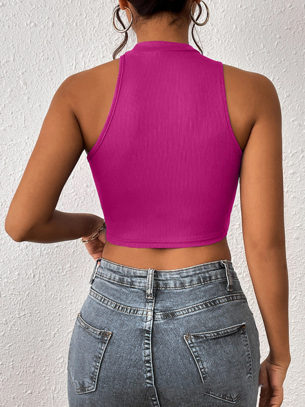 Gestricktes asymmetrisches Crop-Tanktop mit Rundhalsausschnitt für Damen 