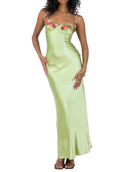 Fashion Sexy Embroidered Lace Camisole Solid Color Long Dress