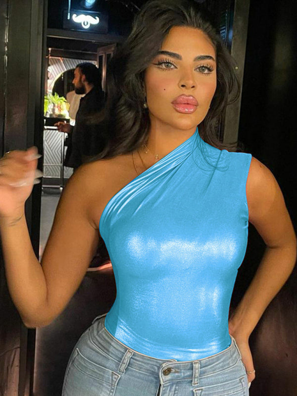 Blue one-shoulder sleeveless jumpsuit with jeans