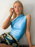 Blue one-shoulder sleeveless jumpsuit with floral skirt
