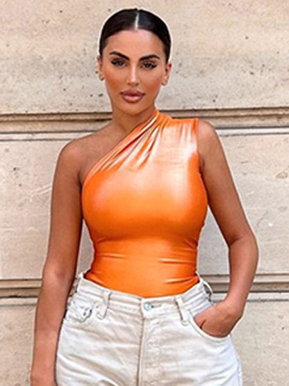 Orange one-shoulder sleeveless jumpsuit front view