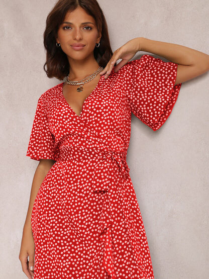 V-neck tie-print polka-dot short-sleeved dress
