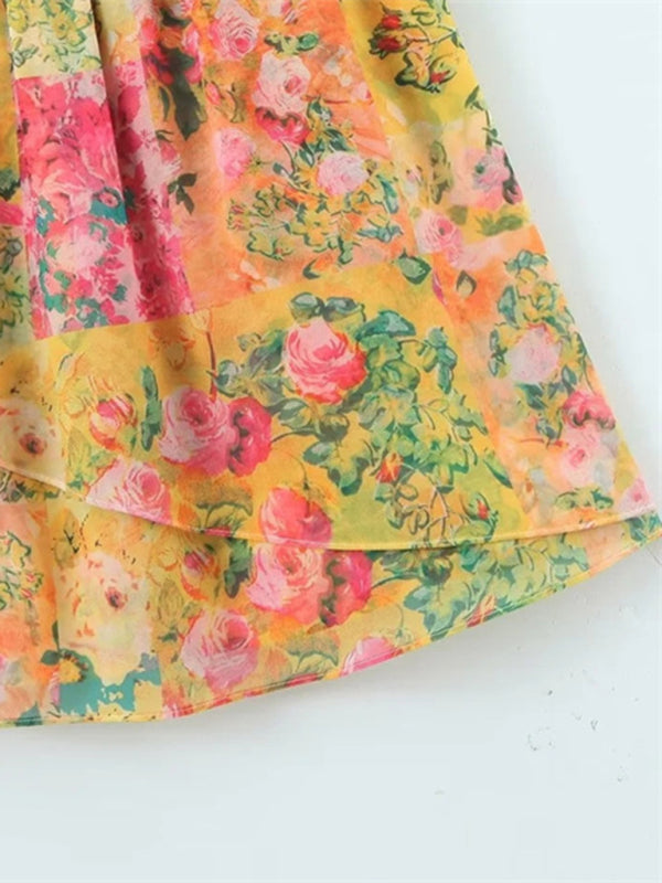 Robe à bretelles fleurie color-block à lacets avec oreilles en bois 