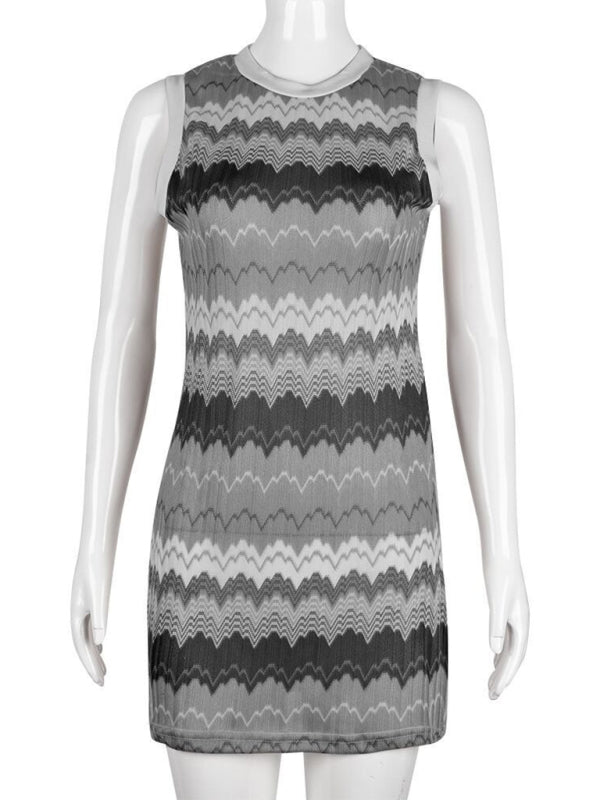 New geometric wave sexy slim sleeveless knitted sweater dress