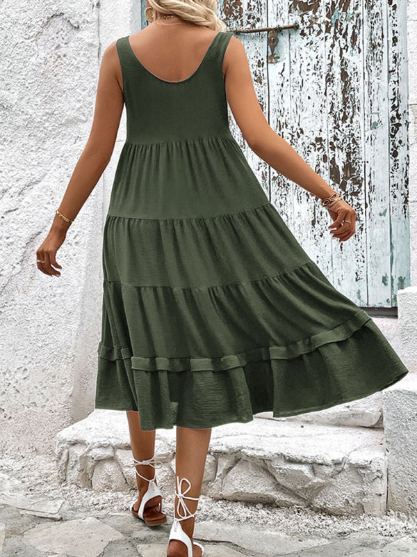 Sommerliches, neues, ärmelloses, einfarbiges Damenkleid mit Schlitz 