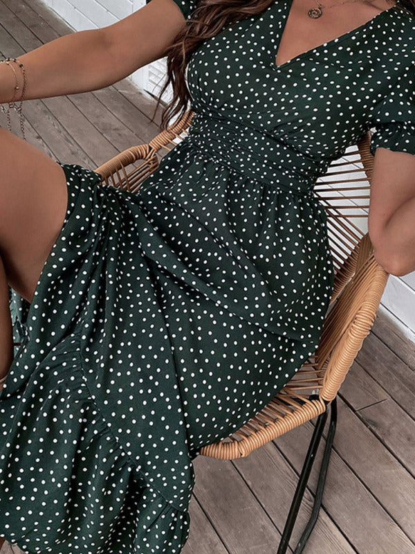 Neues, lässiges, mittellanges Urlaubskleid mit Polka Dots und V-Ausschnitt für Damen 