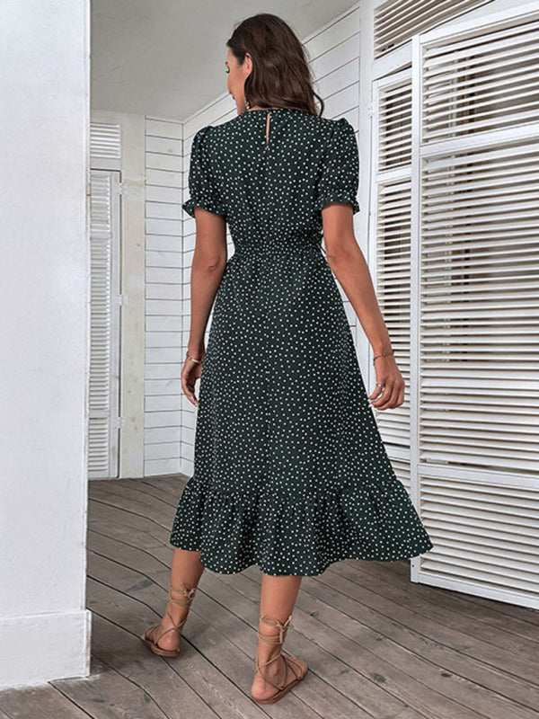 Robe mi-longue décontractée à pois pour femmes, nouvelle collection, vacances, col en v 