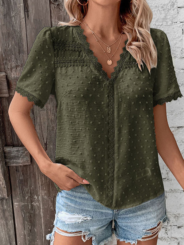 V-neck neckline lace panel elegant blouse