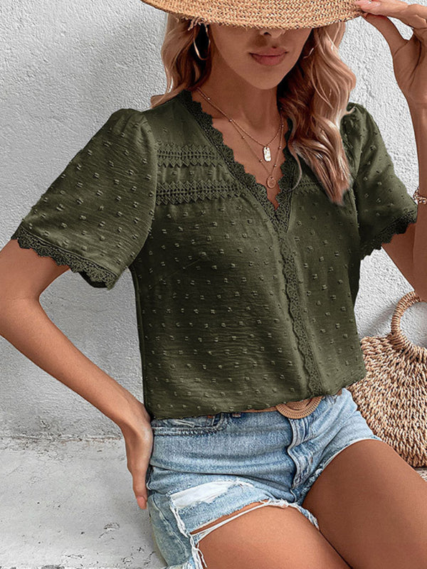 V-neck neckline lace panel elegant blouse