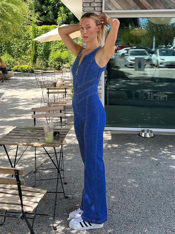 Woman in denim jumpsuit with zipper front at outdoor cafe