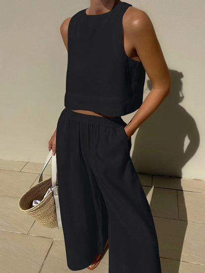 New casual loose solid color sleeveless shirt trousers two-piece set