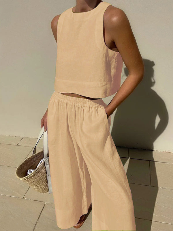 New casual loose solid color sleeveless shirt trousers two-piece set