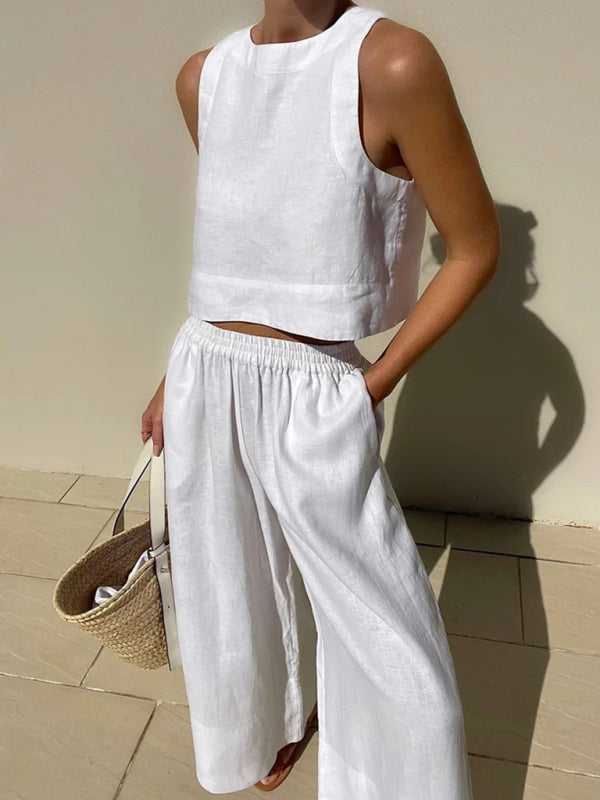 New casual loose solid color sleeveless shirt trousers two-piece set