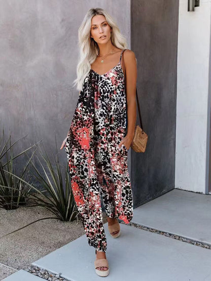 Floral print wide-leg jumpsuit with suspenders