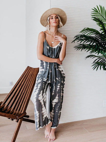 Gray tie-dye wide-leg jumpsuit with suspenders