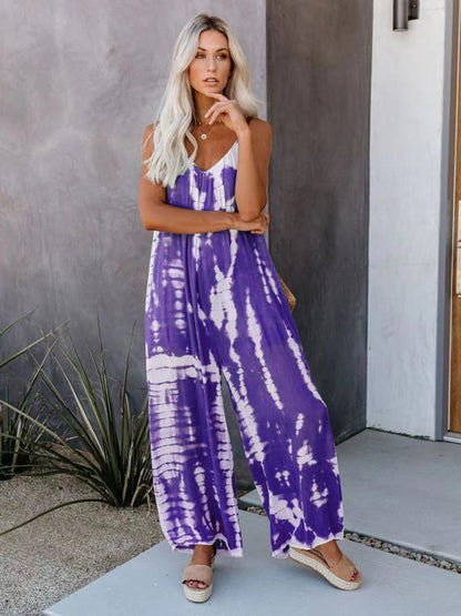 Purple tie-dye wide-leg jumpsuit with suspenders