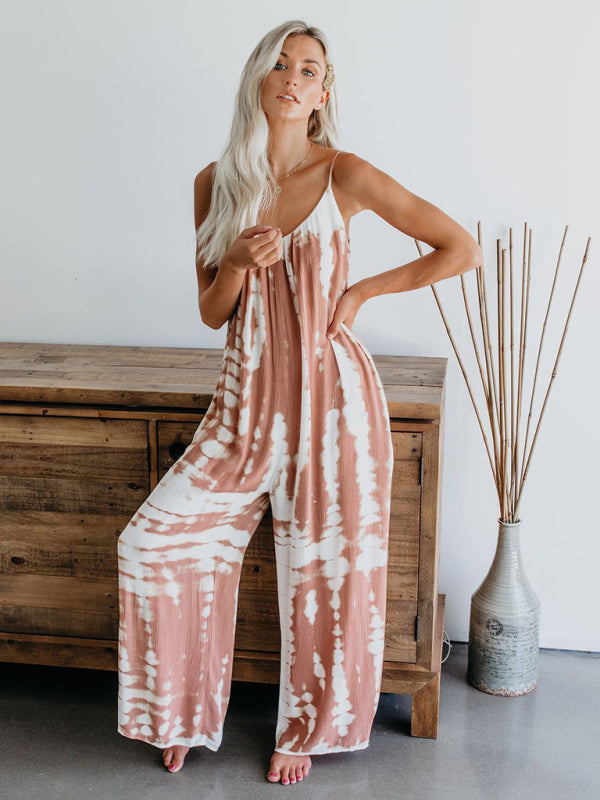 Pink tie-dye wide-leg jumpsuit with suspenders