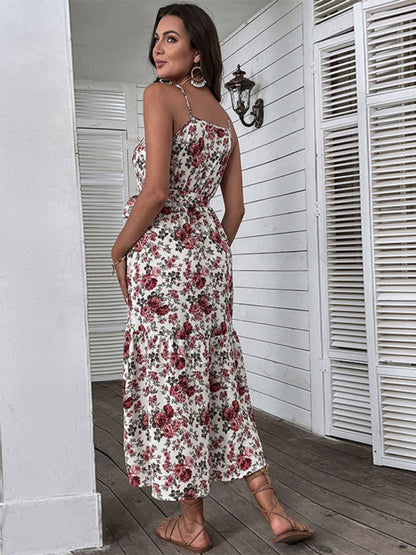 Robe à bretelles florale mi-longue pour femmes, nouvelle mode 