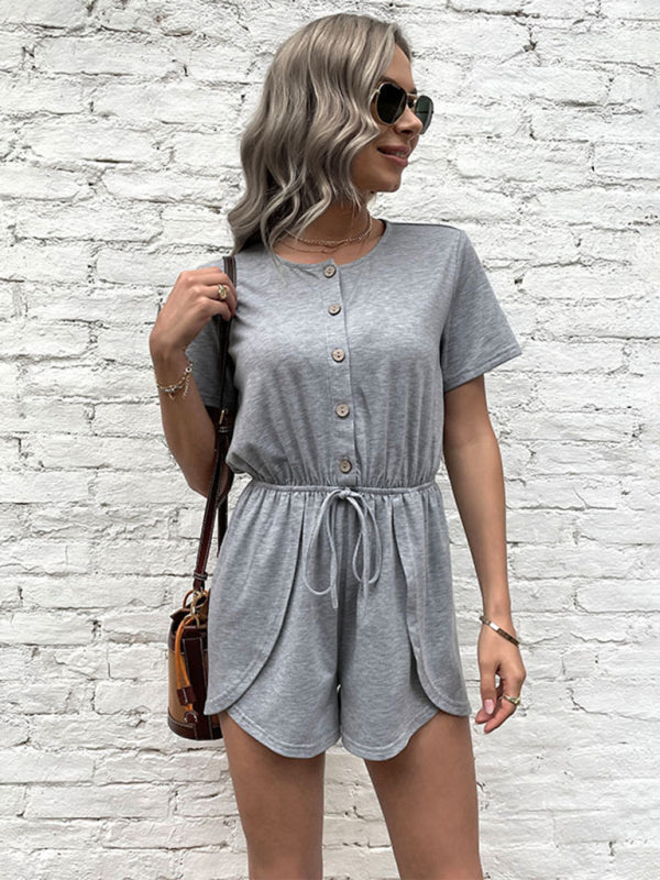 Gray one-piece shorts with button front and drawstring waist