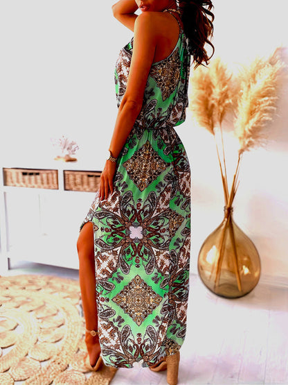 Bohemian print halter neck waist slit dress women