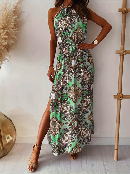 Bohemian print halter neck waist slit dress women