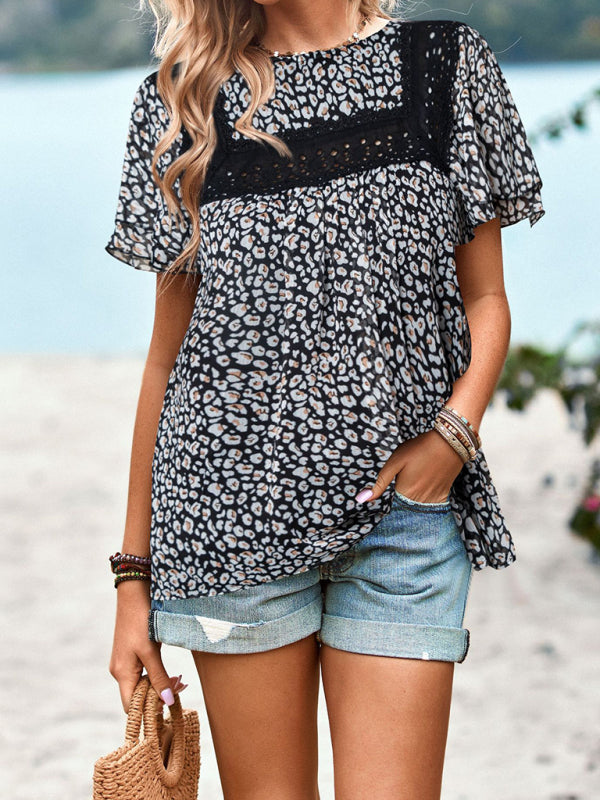 New Elegant Casual Floral Round Neck Short Sleeve Top