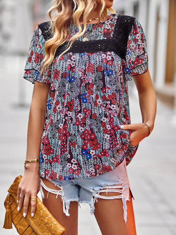 New Elegant Casual Floral Round Neck Short Sleeve Top